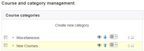 The Course and category management page is displayed. 4. Click Create new category. 5. Enter the category name.