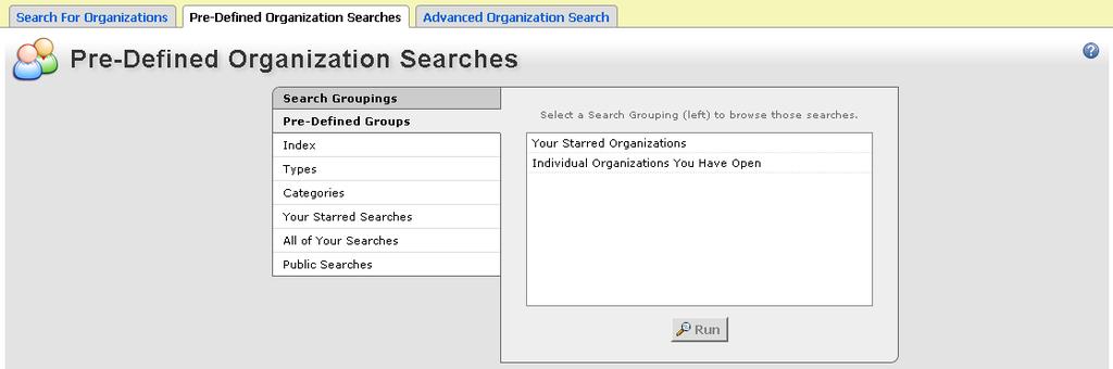 Under the tab Search for Organizations, you can search by keyword, or click More Search Options to search