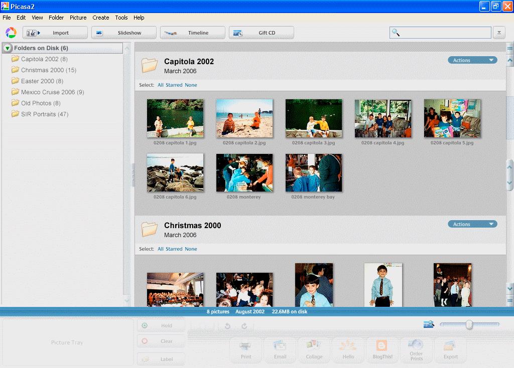 Picasa2 Initial view shows the folders you selected.