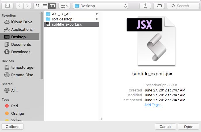 21.) A new pop-up window will appear. Navigate to the location you saved the SUBTITLE_EXPORT.JSX script files. SELECT the SUBTITLE _EXPORT.JSX script file and click O PEN 22.