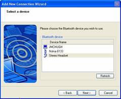 5. When the Select a device Wizard screen displays, highlight Stereo Headset in the "Bluetooth device"