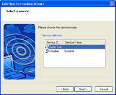 7. When the Select a service Wizard screen displays (right), select Audio Sink in the "Service selection" window; click Next.