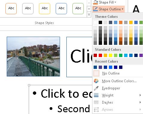 Figure 17 Content Placeholder selected showing Shape Outline option from Drawing Tools Ribbon.