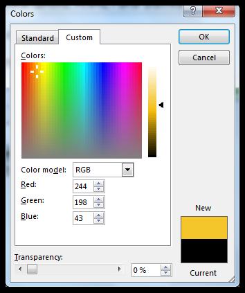5) Select the Custom Tab, from the Colors Dialog Box, and enter the following values R 244, G, 198, B 43 and click Ok.