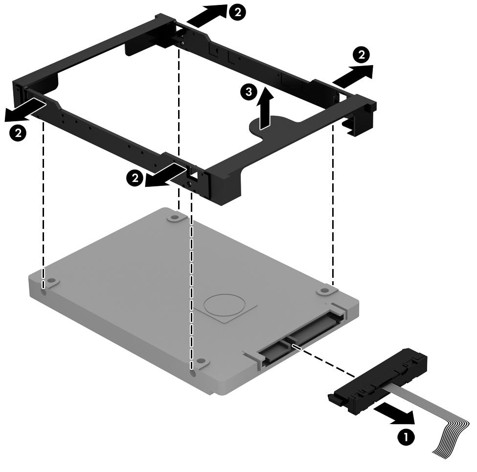 4. Flex the bracket to remove it from the hard drive (2).