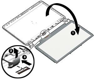 c. On the back of the display panel, release the adhesive strip (2) that secures the display panel cable to the display panel, and then disconnect the cable (3). 4. To remove the display hinges: a.