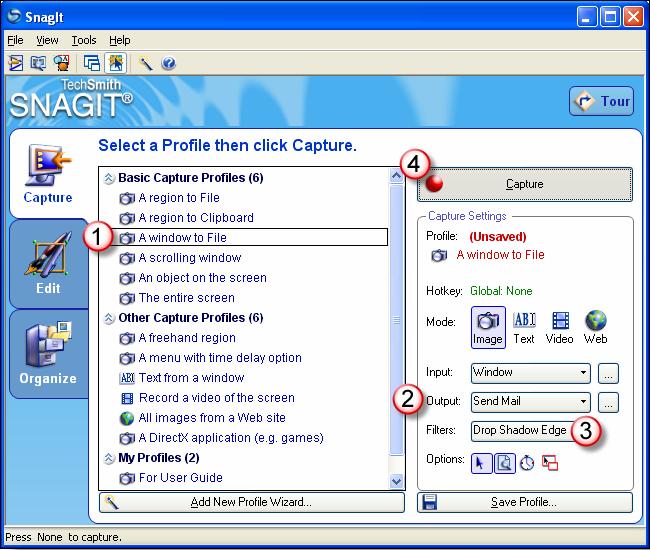 Getting Started Guide SnagIt Modifying your Capture Settings There will be times when you will want to take a capture and there is not an existing capture profile to suit your needs.