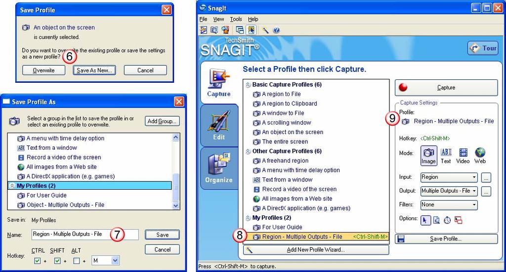 SnagIt Getting Started Guide Save as a New Profile. Within the Save Profile dialog box, click on the Save As New button. Choose a Name. The Save Profile As dialog box displays.