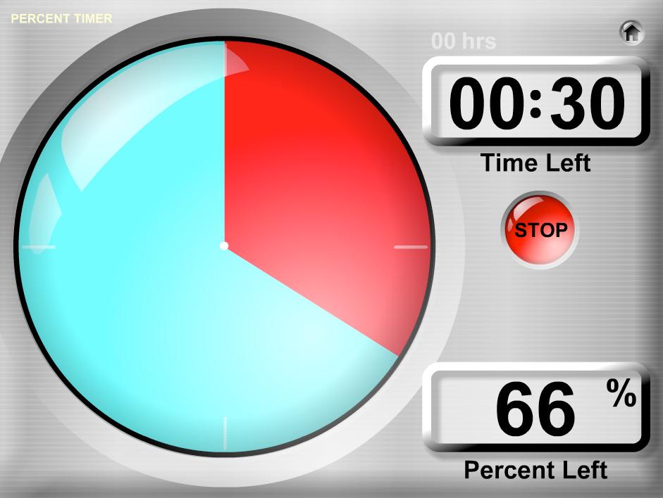 14 Percent Timer Visually displays the time available on a circular clock face. The clock face turns from blue to red as time elapses. Also displays Time Left and Percent Left numerically.