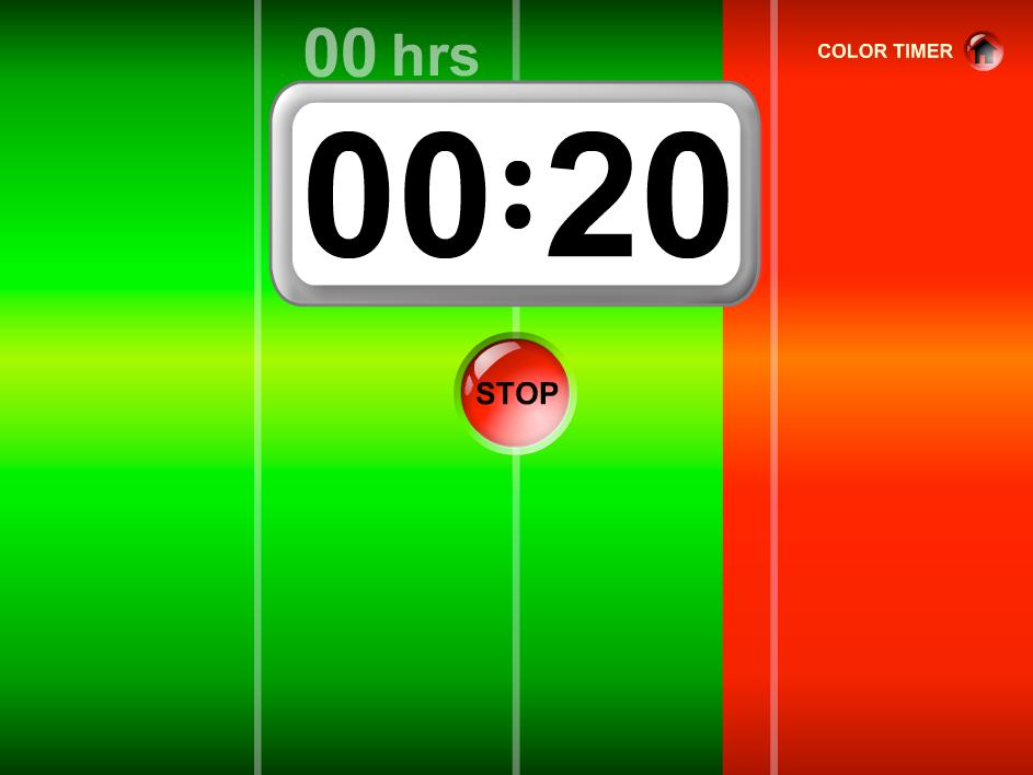 15 Color Timer Visually displays the time available by changing the background color from green to red. Also displays a countdown timer. Triggers an alarm at 00:00:00.