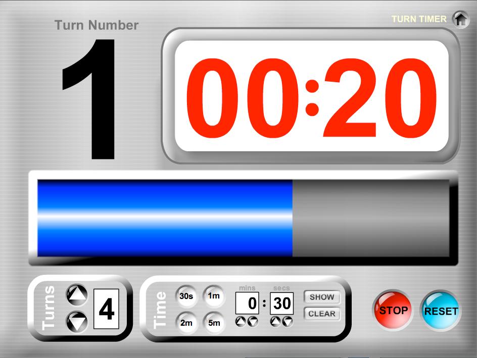 18 Turn Timer Counts down time remaining for multiple turns. User enters how many turns to time and then enters the time desired for each turn.
