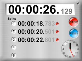 25 Split Stopwatch Records up to 5 splits from the stopwatch. Counts up from 0. Use for: Timing multiple events. To Start the Stopwatch Click the Start button.