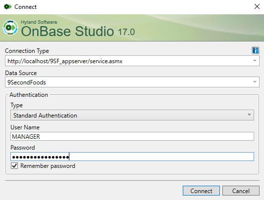 Log into OnBase Studio 1. From your lab machine, double-click on the OnBase Studio icon on your desktop to launch OnBase Studio. Connect with the default information MANAGER password. 2.