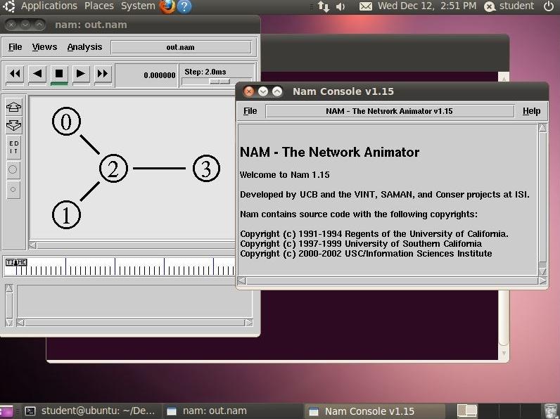 The First NS-2 Run 1- Download the file ns-simple.tcl from: http://nile.wpi.edu/ns/example/ns-simple.tcl 2- Open places Downloads, then copy the file to the desktop.