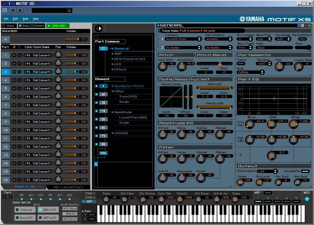 Global/ Multi section and 1 16 in the Part section. To confirm how the parameter edit affects the Voice sound, click any note on the virtual keyboard.