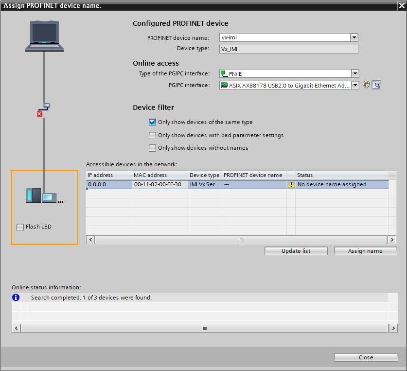 Assign PROFINET device name dialog After