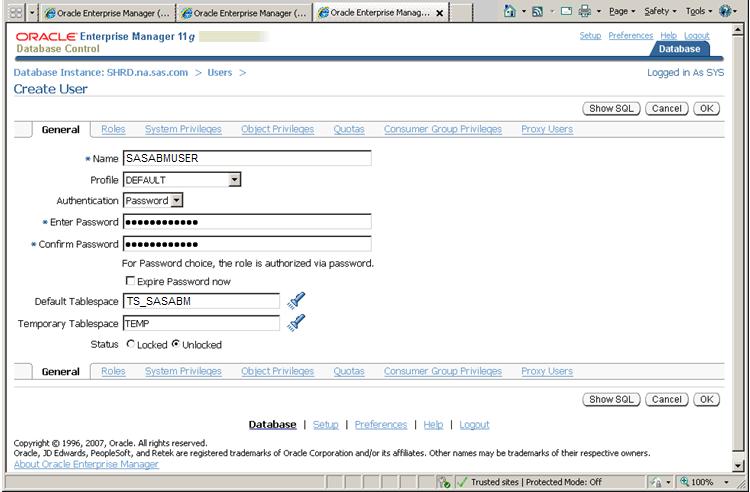 Enter the new name of the database user who will access the TS_SASABM tablespace. SAS recommends SASABMUSER.
