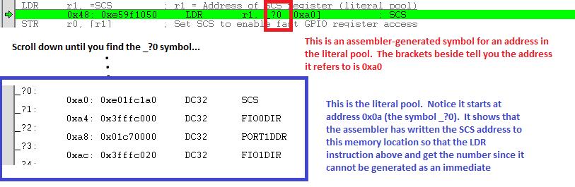 Figure 7.9.3.2: Translation of the LDR and the literal pool location Remember that the line in light gray at the top is the line of assembly code that was written in chapter7.