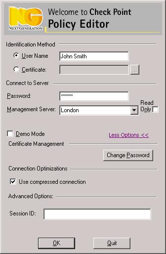 Starting the GUI Client Certificate Management, Compression and Advanced Options In the SmartDashboard Login window (FIGURE 6-2), click More Options >> to display the Certificate Management,