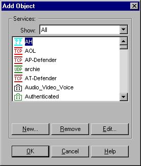 FIGURE 2-11 Add Object window (services) You can also add, delete or modify services from this window.