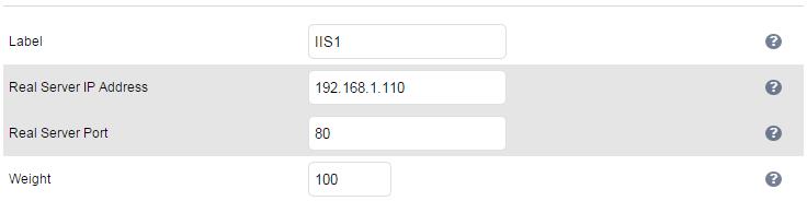 example details are shown below: Enter an appropriate label for the RIP, e.g. IIS1 Set the Real Server IP address field to the required IP address, e.g. 192.168.1.110 Leave Weight set to 100 Leave Minimum Connections and Maximum Connections set to 0 (unrestricted) Click Update N.