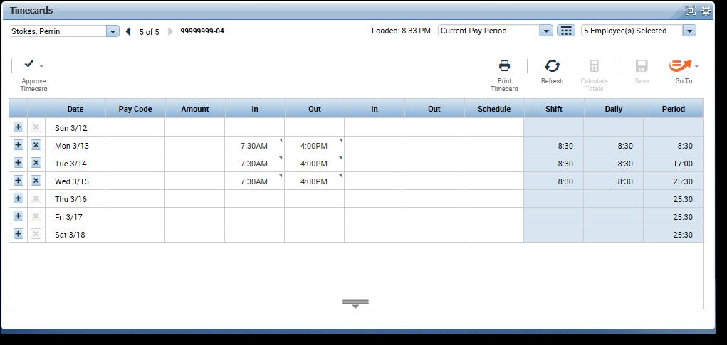 Display the current employee set and date range for the timecards.