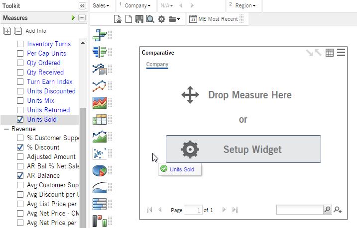 2 Add Measures Option 1: Measures tree 1. Click the widget to select it. 2. Open the measures area of the toolkit and then the desired data category. 3.