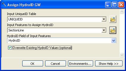 Select the SectionLine features as the Input Features to Assign HydroID. 20. For the HydroID Field of Input Features select the HydroID field.