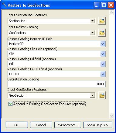Figure 17 Input parameters for the Rasters to GeoSections tool. 17. Click on the OK button. 18.
