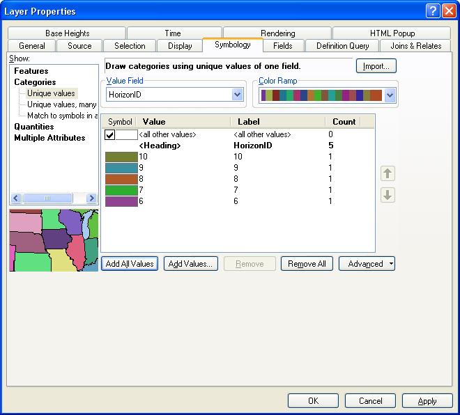 Your dialog should be similar to the one shown in Figure 25, though the Color Ramp and colors for the HorizonID values may differ. 18. Select OK to exit the Layer Properties dialog.