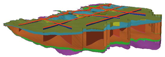 Figure 26 GeoVolume features built using the Rasters to GeoVolumes tool and drawn according to the HorizonID value, with the front sides of the features hidden.