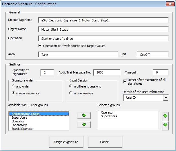 5 of the User Interface 5.1.2 Dialog Configuration Select the menu commands esignature > Assign esignature to open the configuration dialog for s.