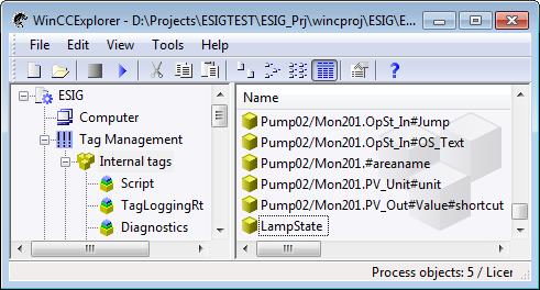 7 Applying s to Specific Projects No. 3. Create the internal tag LampState. Open the WinCC Explorer in tree view and select Tag Management > Internal tags. Select New tag from the context menu.