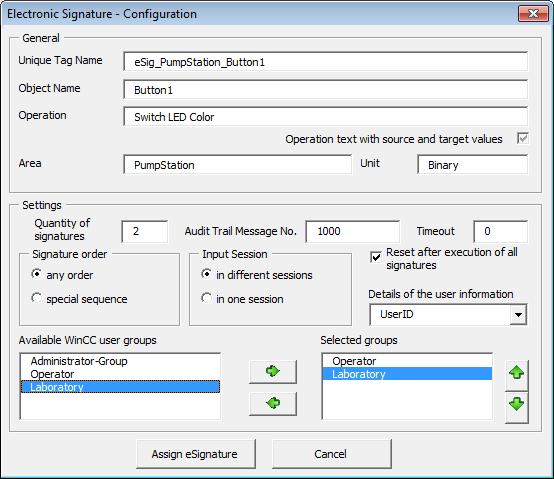7 Applying s to Specific Projects No. 7. Select the button and use the menu commands esignature > Assign esignature. Define the following settings: Fill in the text fields Operation, Area and Unit.