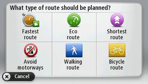 You can chose from the following when your vehicle profile is Car. The types of route you can choose from are as follows: Fastest route - the route which takes the least time.