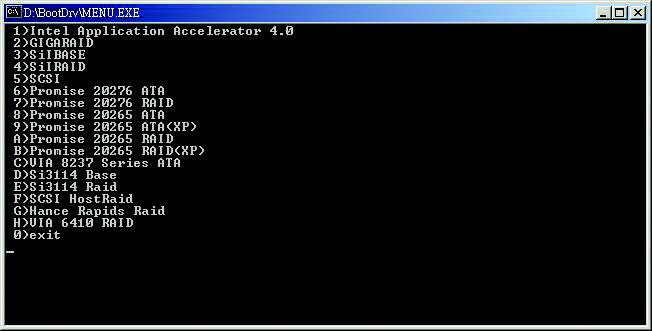 Step 4: Double-click MENU.exe. An MS-DOS prompt screen similar to Figure 13 below will appear. Figure 13 Step 5: Insert an empty floppy disk and press 1 to select 1)Intel Application Accelerator 4.0.