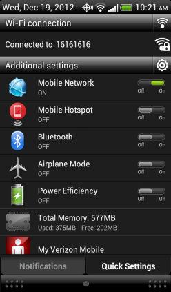 Using Quick Settings The Quick Settings tab lets you easily turn on Wi Fi, Bluetooth, and more, and also provides a quick shortcut to all HTC