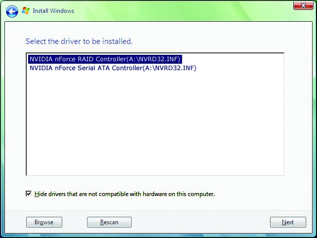 Step 3: When installing the RAID driver, for example, when a screen (Note) as shown in Figure appears, select NVIDIA nforce RAID