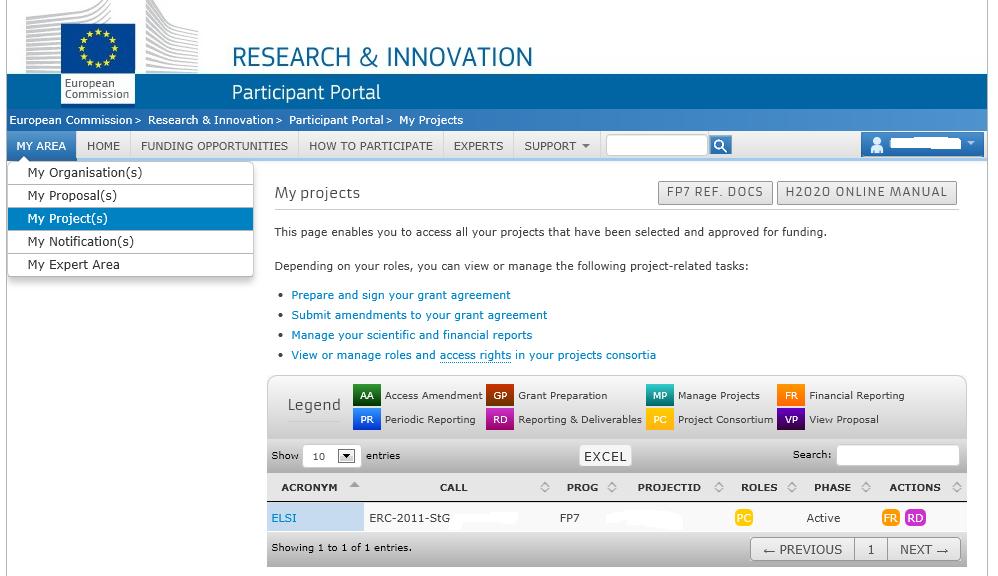 Open the Reporting & Deliverables screen for your ERC project In your "My Projects"