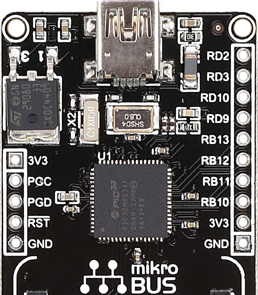 8. Pinout In addition to the mikrobus socket, the PIC32MX clicker has a row of 9 pins with Analog, Interrupt, I2C, UART and PWM lines (+ ) for connecting external electronics.