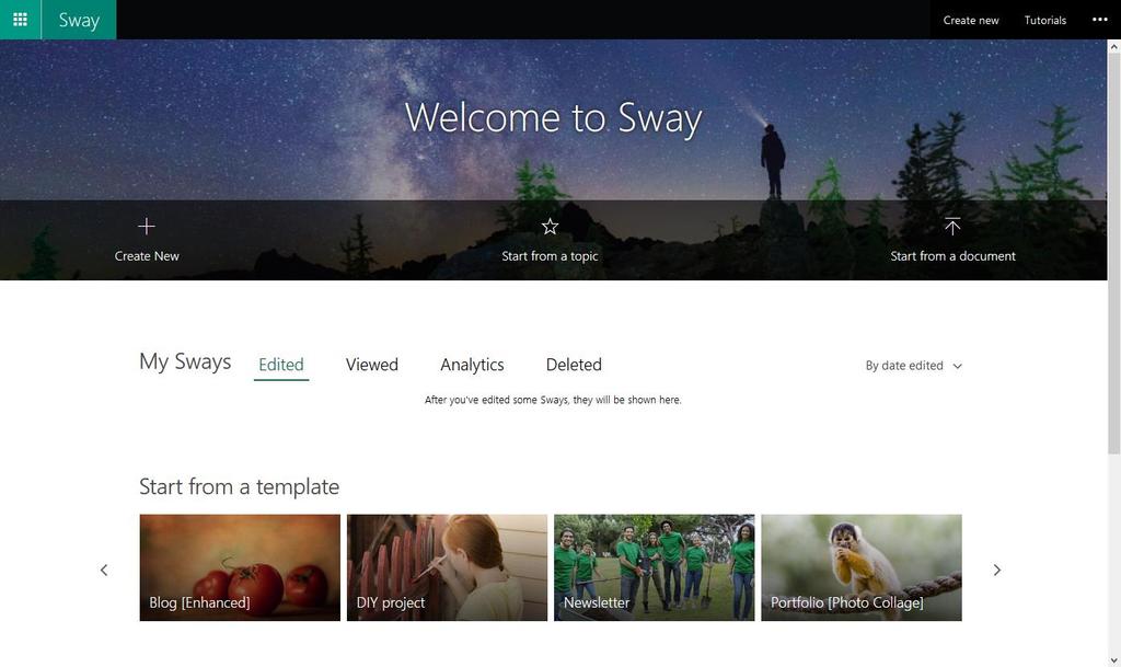 Sway Office 365 Sway is a presentation program that helps gather, format, and share your ideas, stories, and presentations on an interactive, web-based canvas that looks great on virtually any screen.