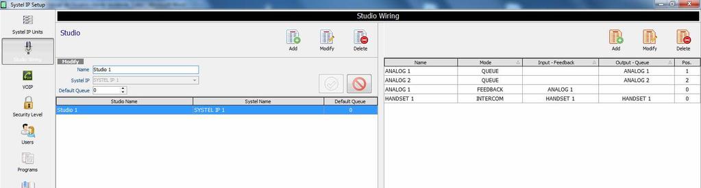 4.2.2. Studio Wiring. Window that allows assigning resources to each studio configured in the Systel IP unit.