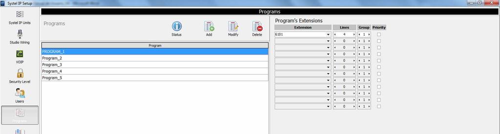 4.2.6. Programs. This screen allows for the creation and management of the programs that are going to use certain shared Systel resources. From this Windows we can add, modify and delete programs.