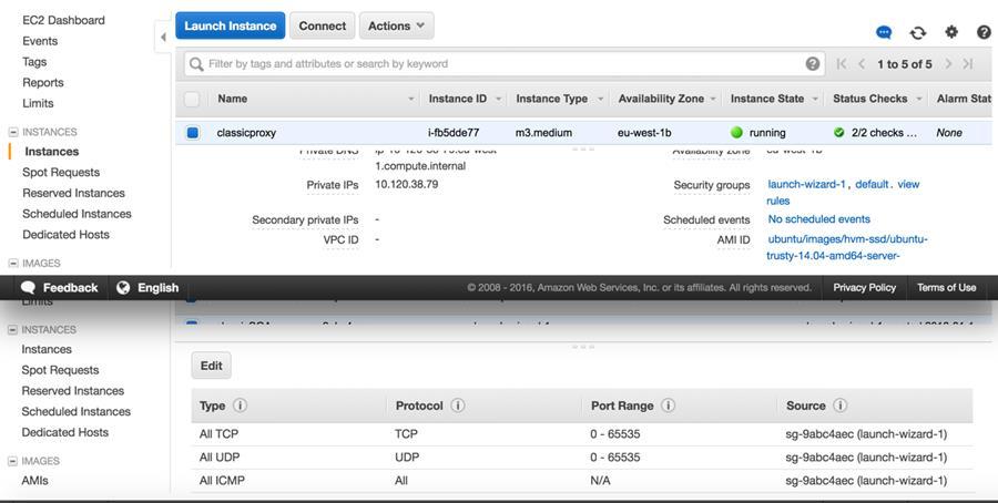 Figure 7: Security group setup Step 3: Use ClassicLink Between the Proxy Server and Target VPC In the Amazon EC2 console, from the EC2 Instances Dashboard, select the EC2- Classic instance running