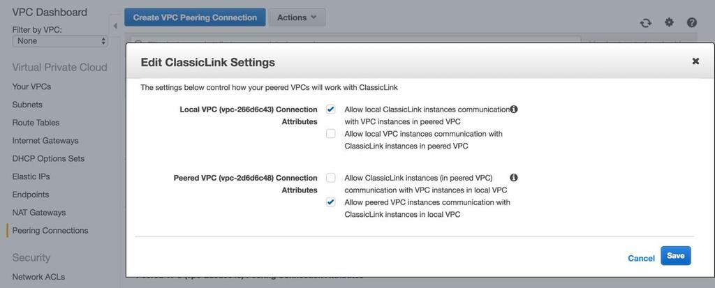 Figure 18: ClassicLink settings for peering Step 11: Restore the Snapshot in the Target VPC From the Amazon RDS console, under Snapshots, select the