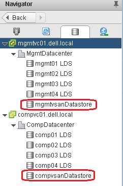 After vsans are created in each cluster, a datastore named vsandatastore is listed under each data center on the Navigation pane > Storage tab similar to that shown in Figure 85.