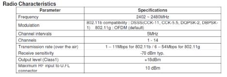 Wi-Fi Specifications The embedded module is a stand alone, embedded wireless 802.11 networking module.