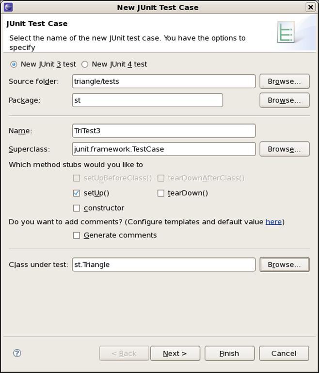 To create a test class, select File New JUnit Test Case and enter the name of your test case JUnit in