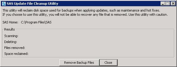 166 Appendix 3 Managing Your SAS Deployment can use the SAS Update File Cleanup Utility to remove the backup copies to reclaim disk space.