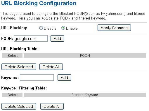 Apply Changes Add FQDN Delete Selected FQDN Add Filtered Keyword Delete Selected Keyword Click to disable/enable the URL Blocking capability Add FQDN into URL Blocking table.